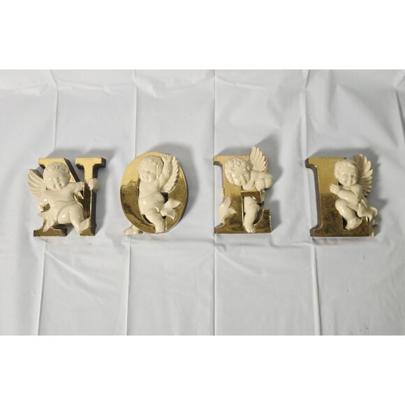 Vintage Christmas MCM Gold Plastic NOEL Cherubs Burwood Retro Cottage Core - Picture 2 of 8